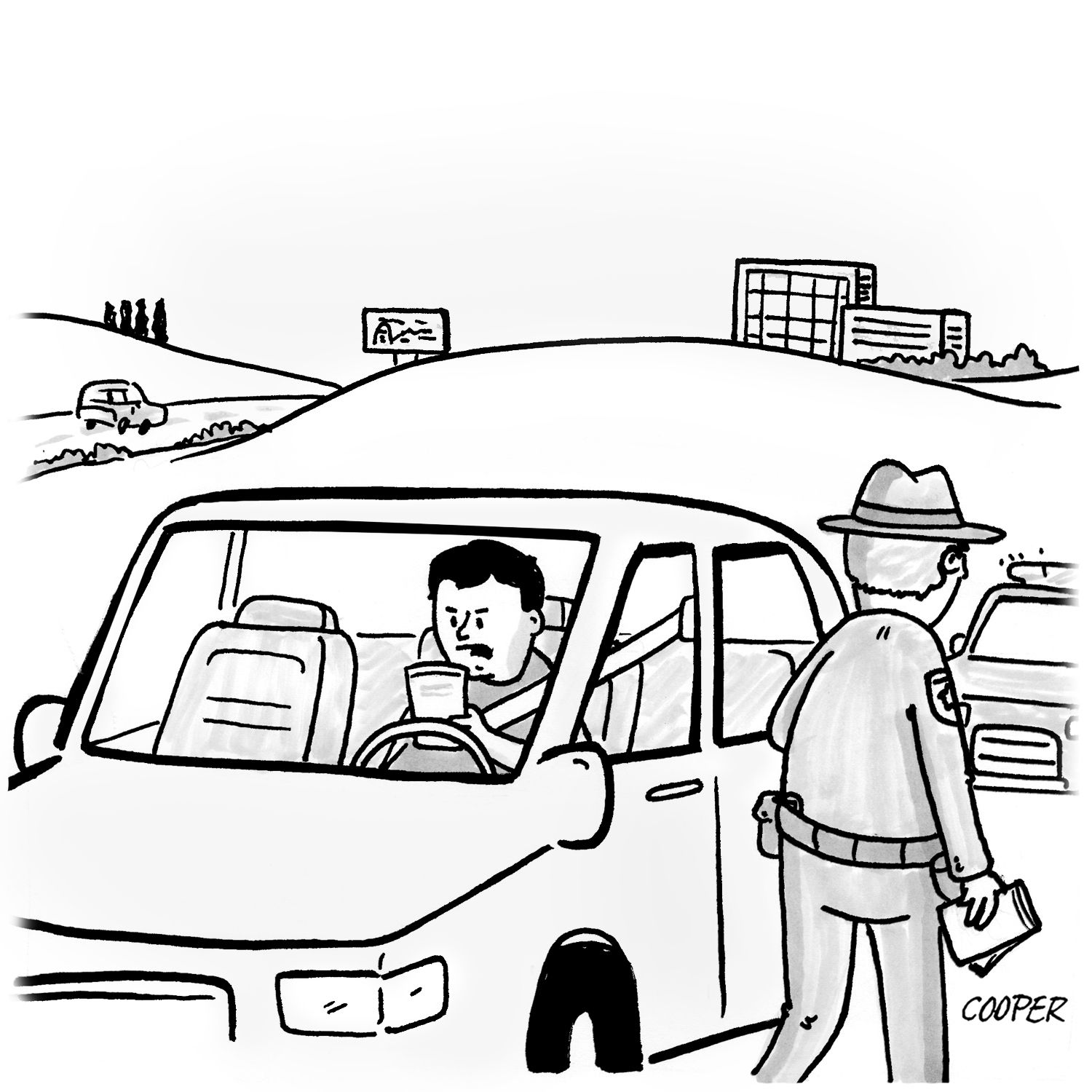 A driver who’s been pulled over looks angrily at a piece of paper as a state trooper walks away from the driver’s-side window.
