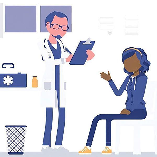 Illustration of Doctor with clipboard, talking to a patient in an office