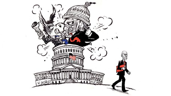 Illustration of the Democrat donkey and the Republican elephant coming out of the Capitol. 