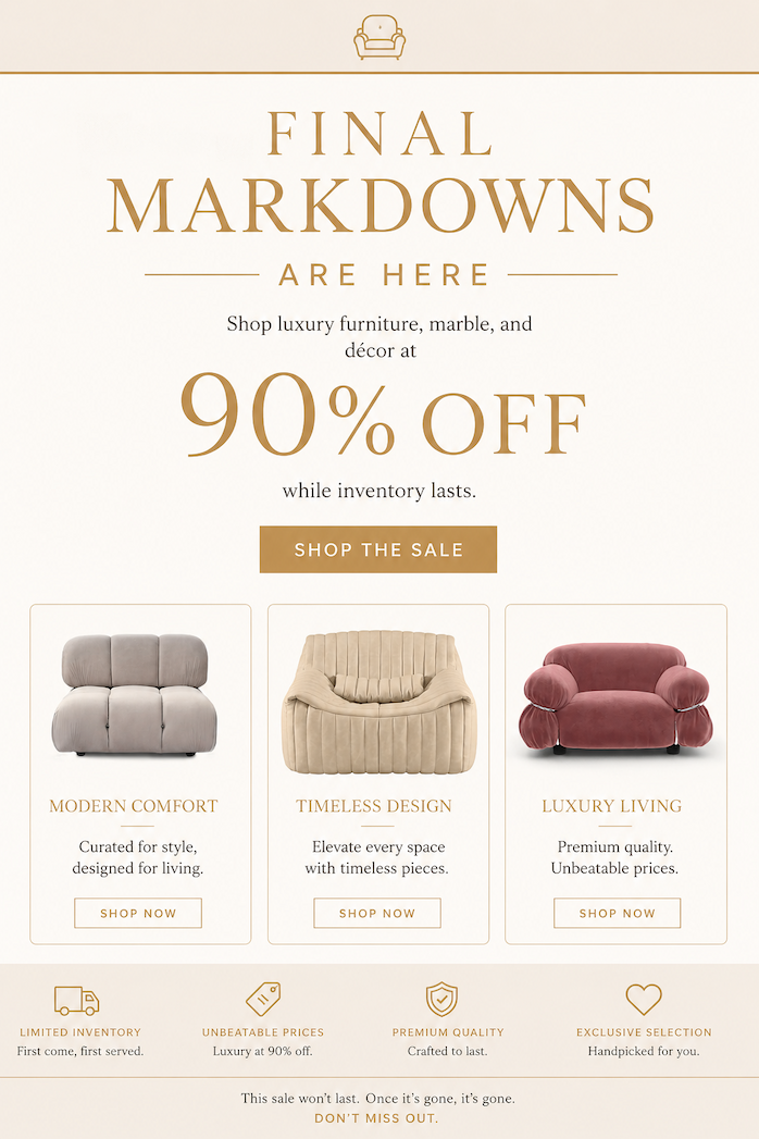 Furniture ad showcasing timeless design chairs with free shipping and fast delivery.