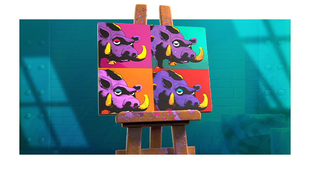 Key art for Two Point Museum depicting an easle with a colorful 2x2 grid of pop art portraits of a warthog to promote the Arty-Facts DLC.