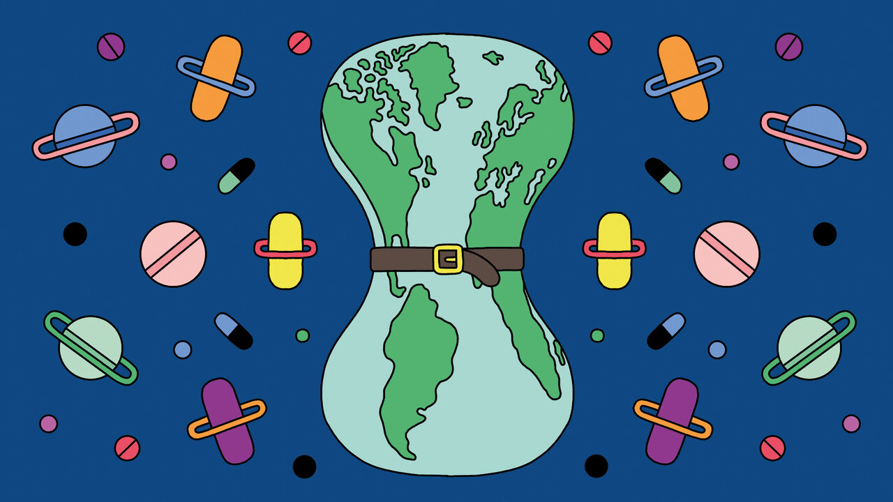 Planet Earth with a belt around its waist and surrounded by pill-shaped planets. 