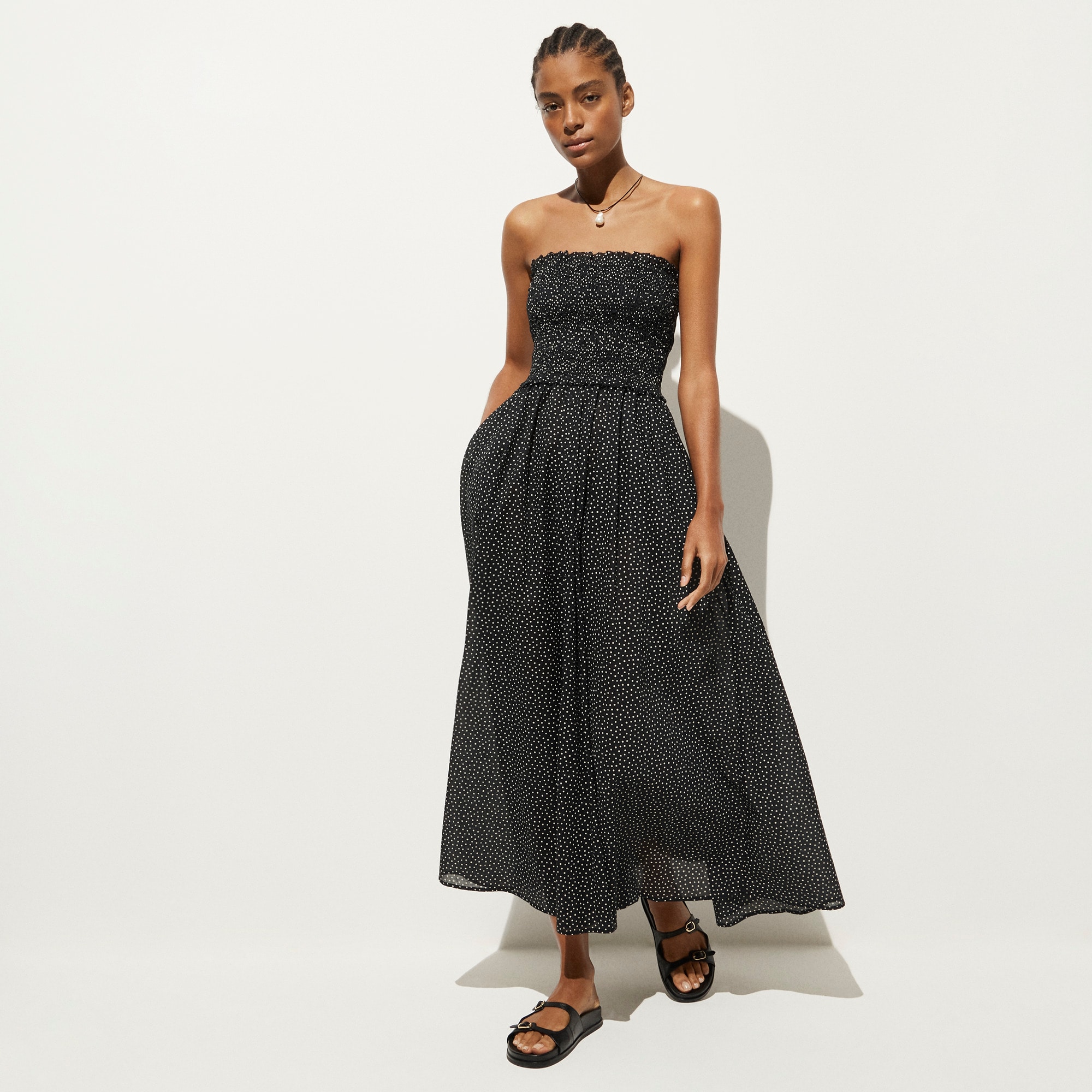 Smocked maxi dress in cotton voile dot print