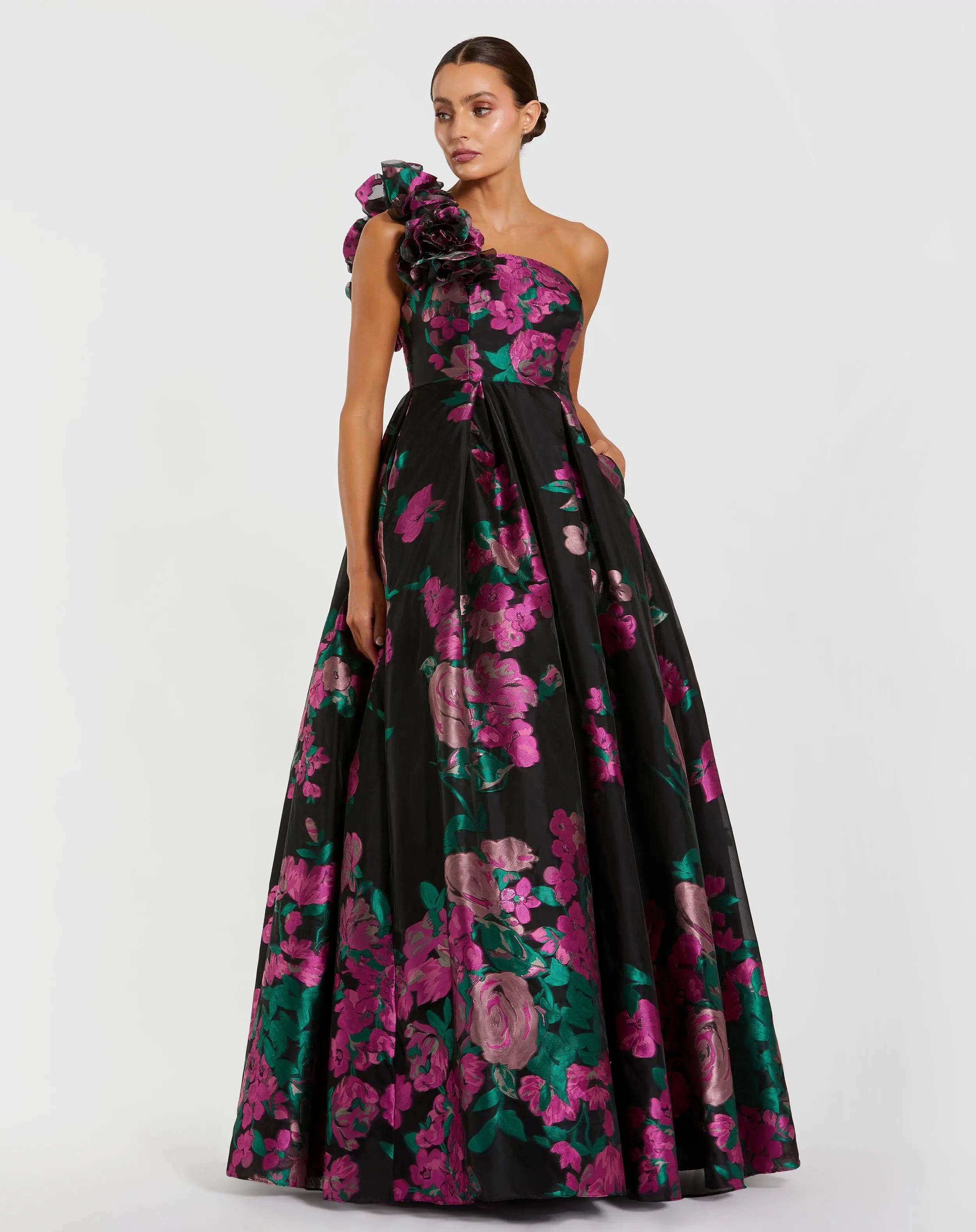Image of Black One Shoulder Floral Brocade Ball Gown