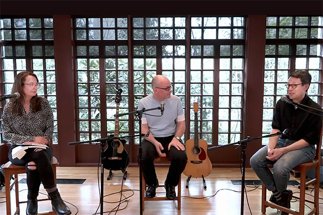 Emily Wilson, Kevin Platt, and Paul St. Amour recording an episode of SideGig at Kelly Writers House.