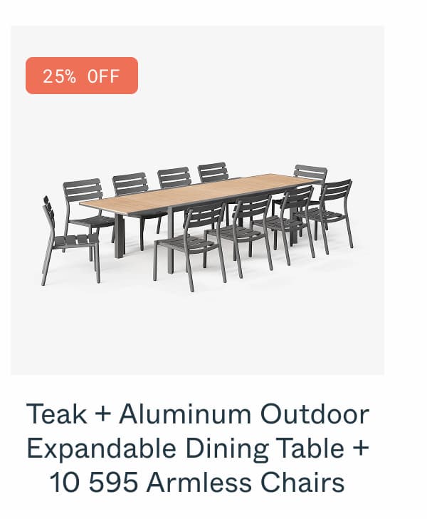 Teak + Aluminum Outdoor Expandable Dining Table + 10 595 Armless Chairs