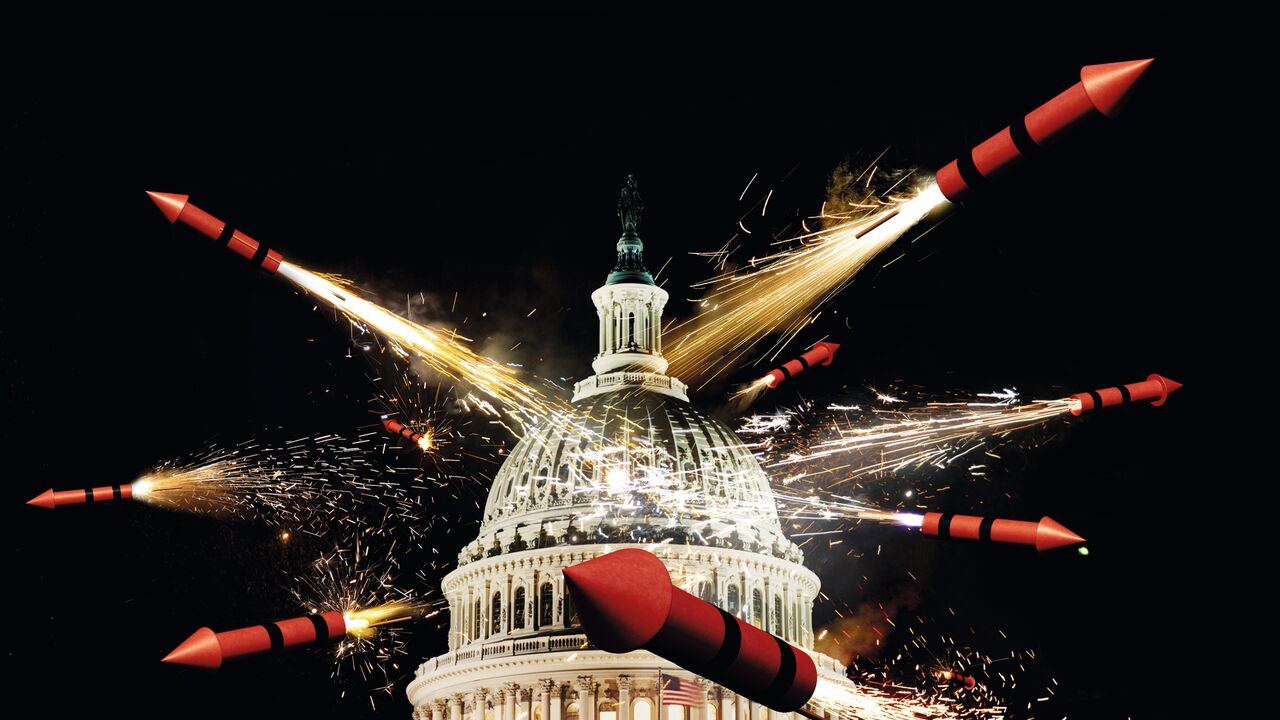 A photo illustration showing aggressive firecrackers erupting from the U.S. Capitol, symbolizing the explosive chaos unleashed by the “One Big Beautiful Bill.”