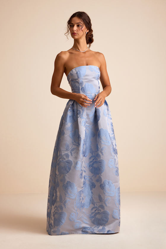 Image of Laurelin Slate Blue Floral Jacquard Pleated Strapless Maxi Dress