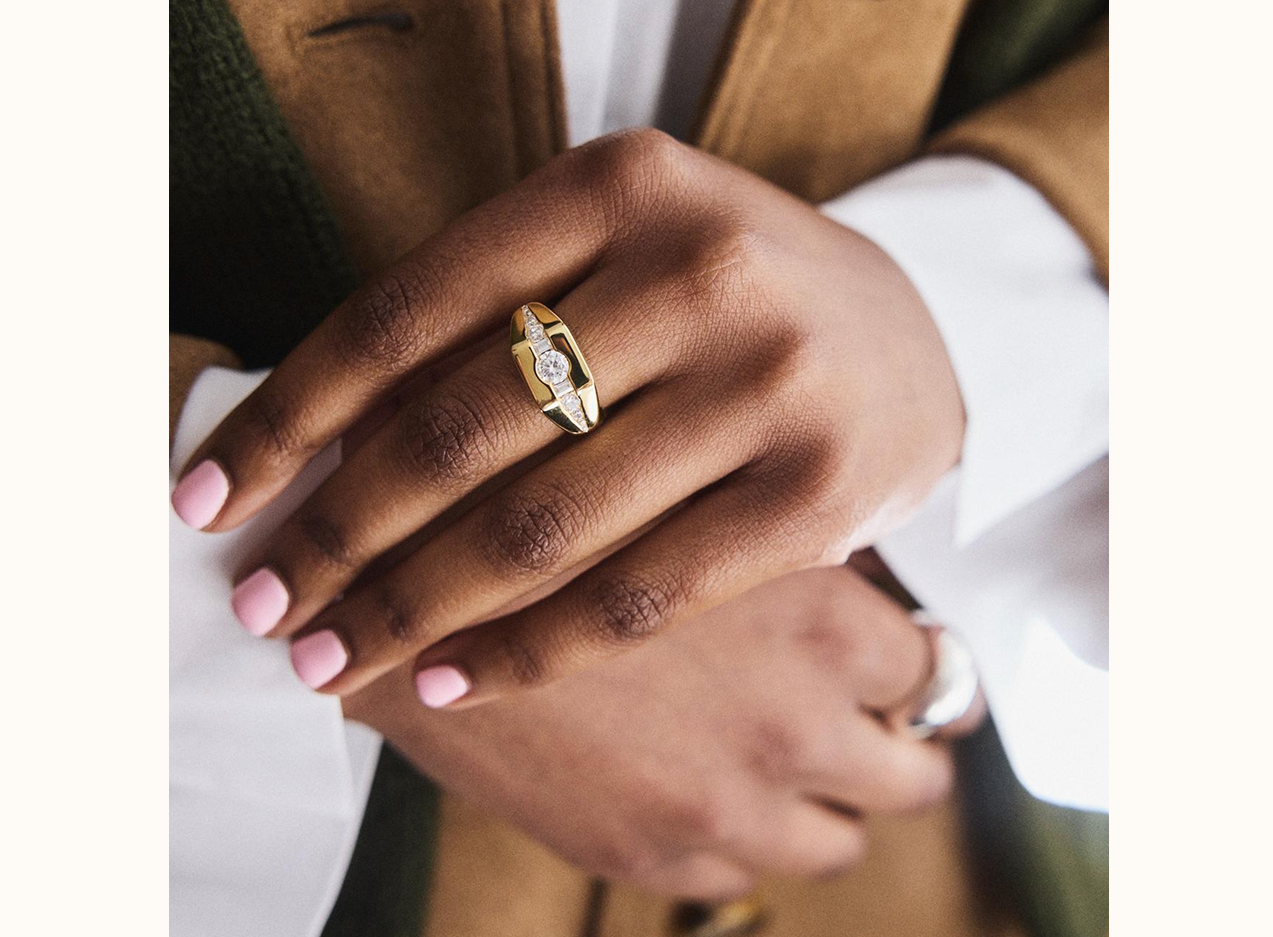 Geometric Cz Chunky Gold Ring In 18 K Gold Plated Vermeil