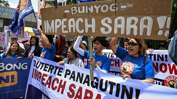 Protesters call for the impeachment of Philippine Vice President Sara Duterte outside the House of Representatives in Quezon City, Metro Manila on April 29, 2026.
