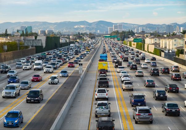 Cars stuck in traffic on a freeway in Los Angeles