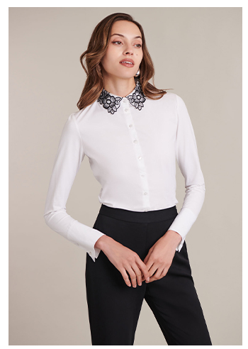 White Long Sleeve Shirt With Black Floral Embroidered Collar