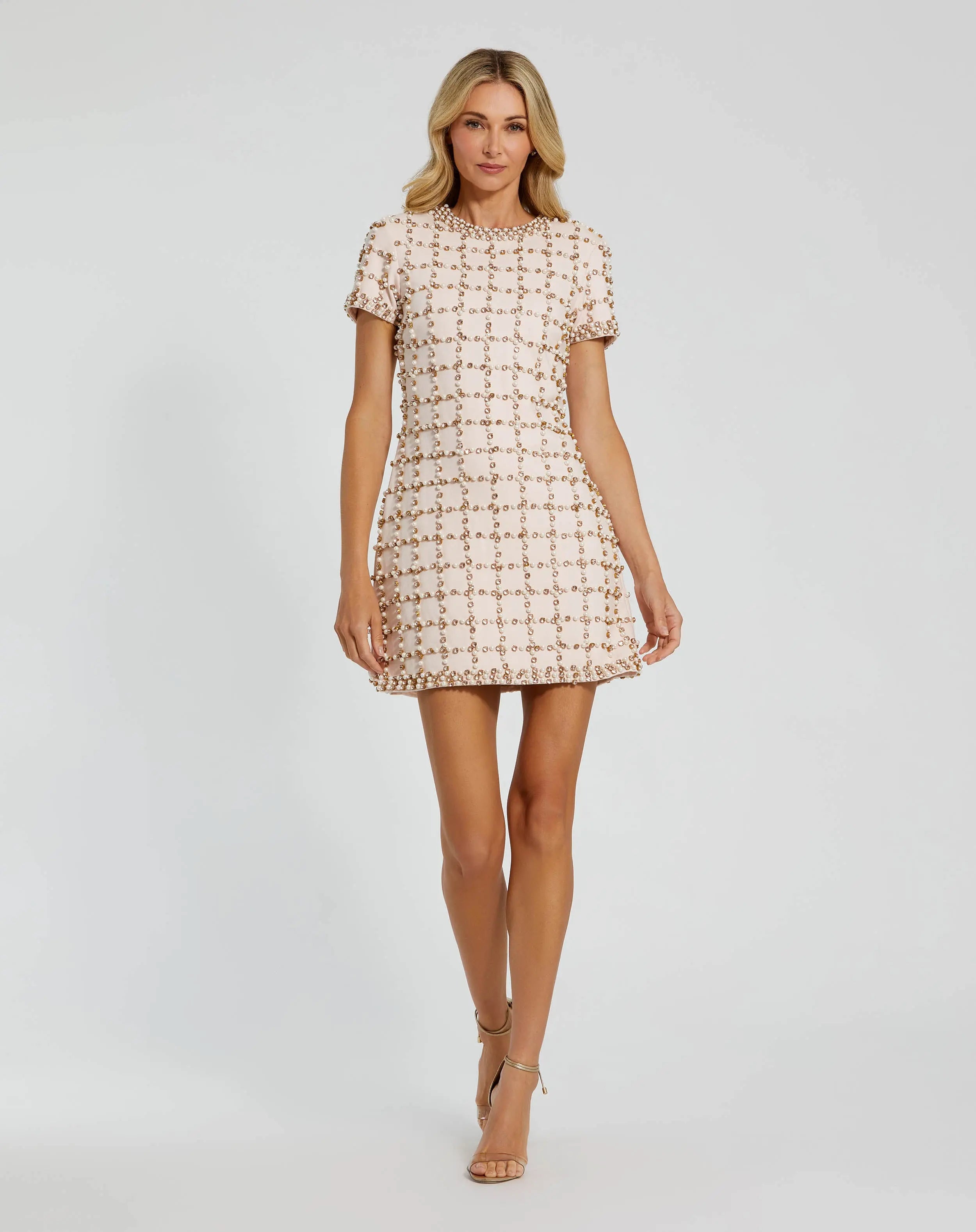 Image of Pink Rhinestone And Pearl Embellished Mini Dress