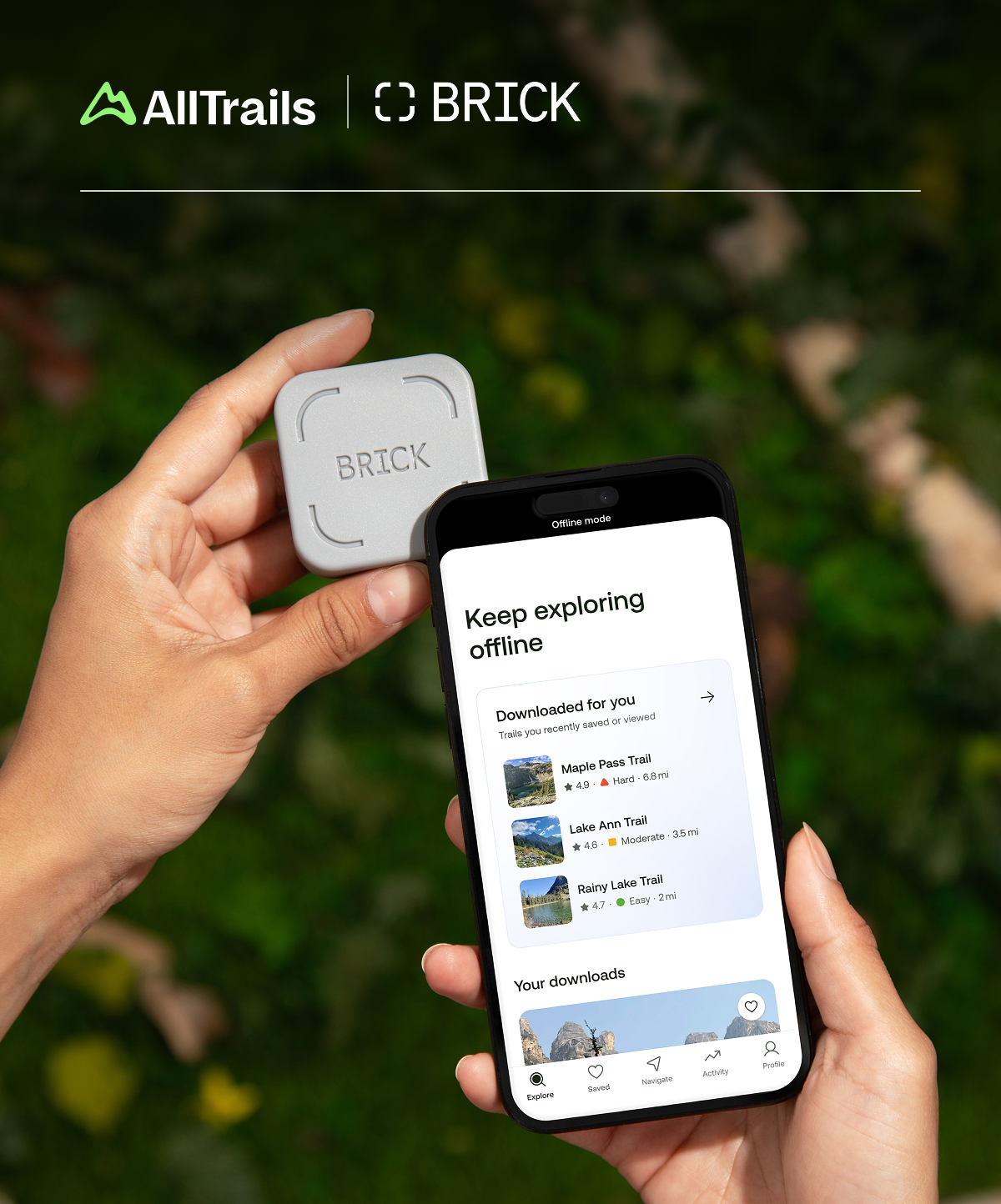 Image depicting a Brick device and a phone  with AllTrails App on the screen 