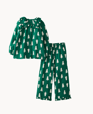 Holiday Ruffle Flannel Pajama Set | Happy Trees on Green