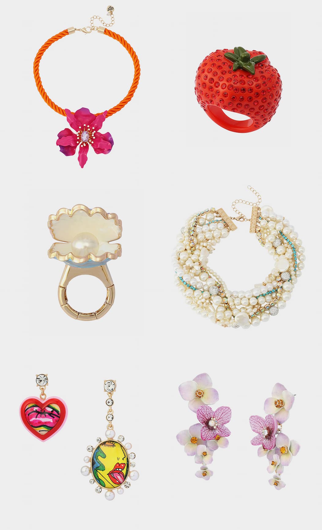 ORCHID PENDANT NECKLACE, TOMATO COCKTAIL RING, CLAM SHELL RING, PEARL STRANDS NECKLACE, ART CAMPAIGN EARRINGS, FLOWER BOUQUET EARRINGS