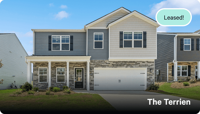 An exterior image of The Terrien, with a tag in the top right corned that says Leased!