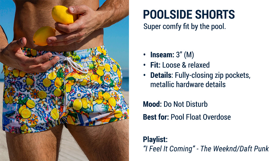 DC2 Shorts Fit Guide — Citrics Choice Poolside Shorts featuring vibrant lemon print, 3-inch inseam, and relaxed fit by the pool.