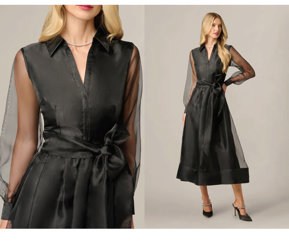 Long Sleeve Organza Collared Ankle Length Midi Dress In Black