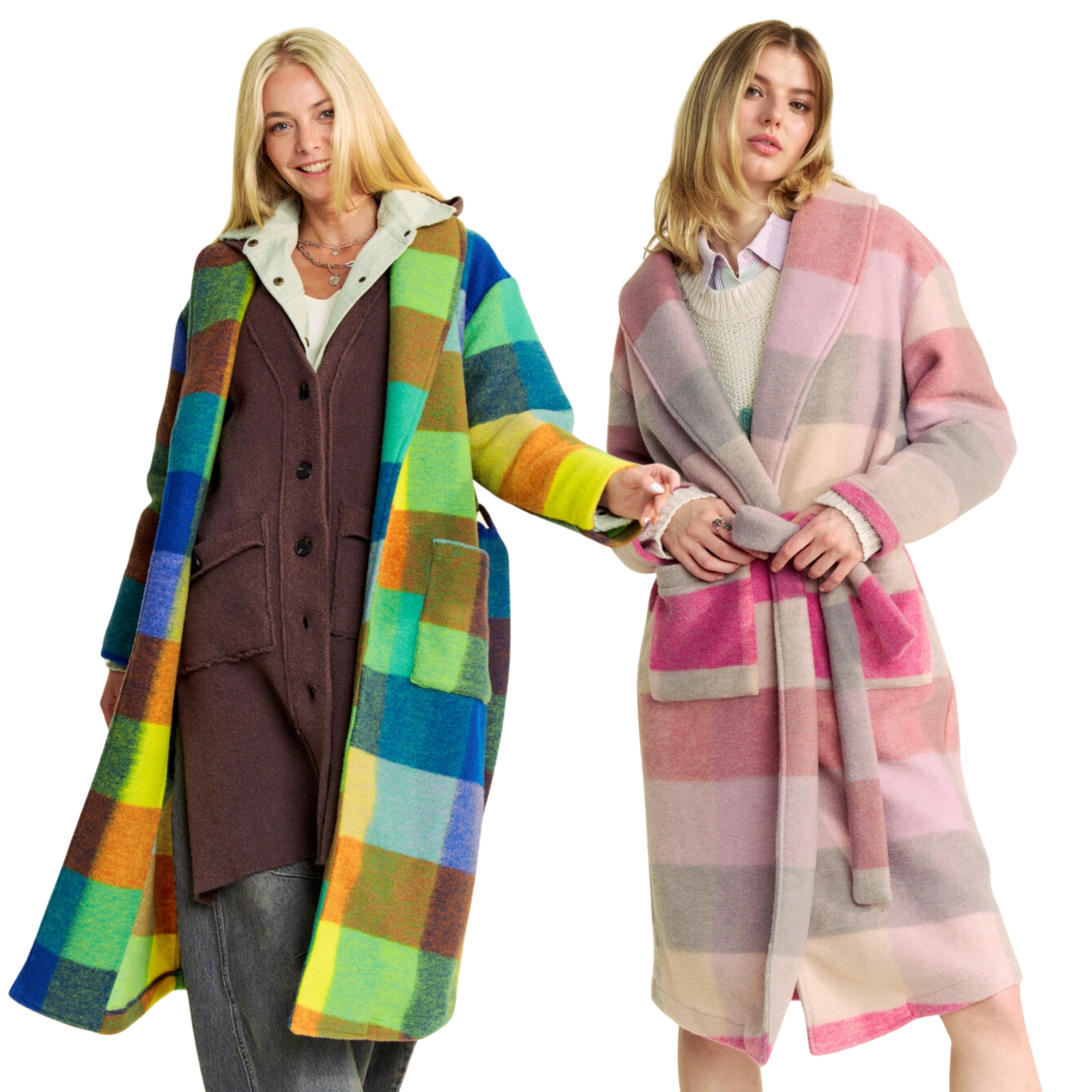 Image of Fuzzy Multi Color Block Checker Waist Belt Coat