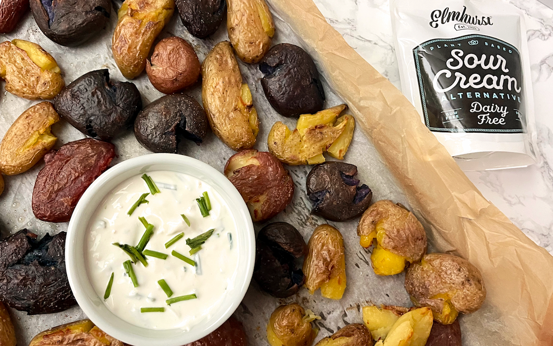 Crispy Smashed Potatoes With Sour Cream & Chive Dip