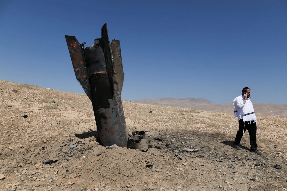A missile protruding from the ground in Israel. 