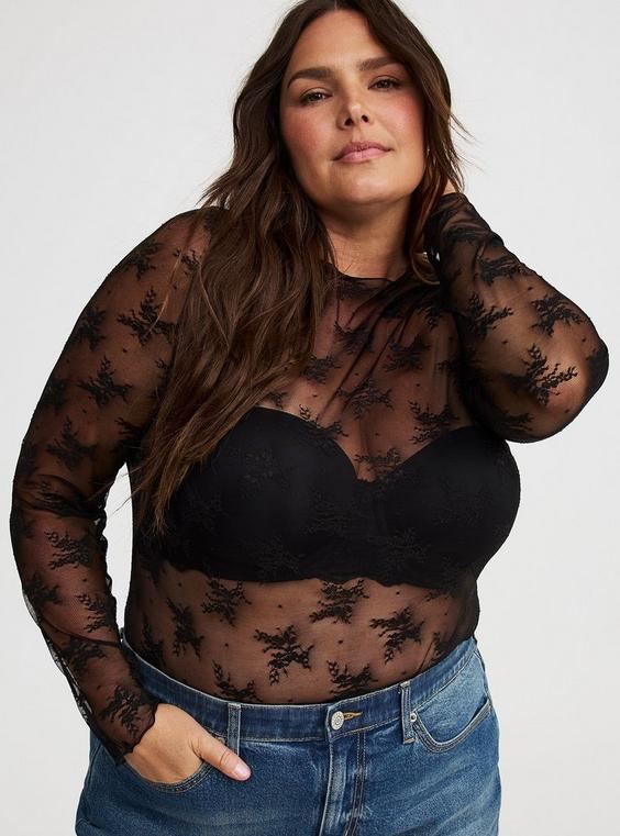 SHEER LACE CREW NECK LONG SLEEVE TOP