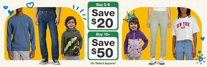 buy 5-9 save $20, or buy 10+ save $50 on select apparel