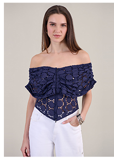 Navy Blue Off-The-Shoulder Geometric Eyelet Blouse With Zipper Closure