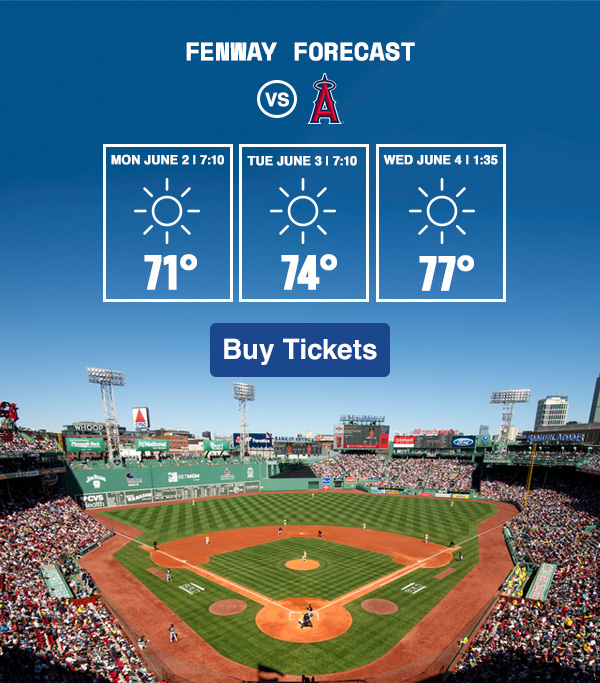 Fenway Forecast vs. Los Angeles Angels: Monday, June 2 at 7:10 PM: Sunny, 71 degrees. Tuesday, June 3 at 7:10 PM: Sunny, 74 degrees. Wednesday, June 4 at 1:35 PM: Sunny, 77 degrees. Buy Tickets.