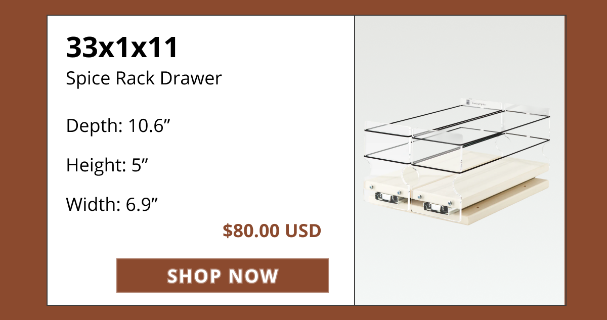 Vertical Spice 33x1x11 slim pull-out spice rack drawer designed for narrow kitchen cabinets.