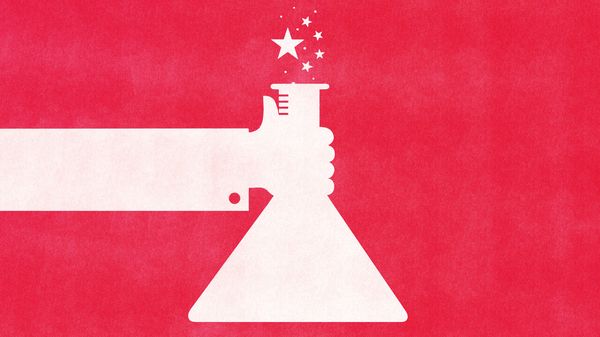 Illustration of a hand is holding an Erlenmeyer flask. At the top, a chemical reaction produces bubbles that reveal the stars of the Chinese flag.