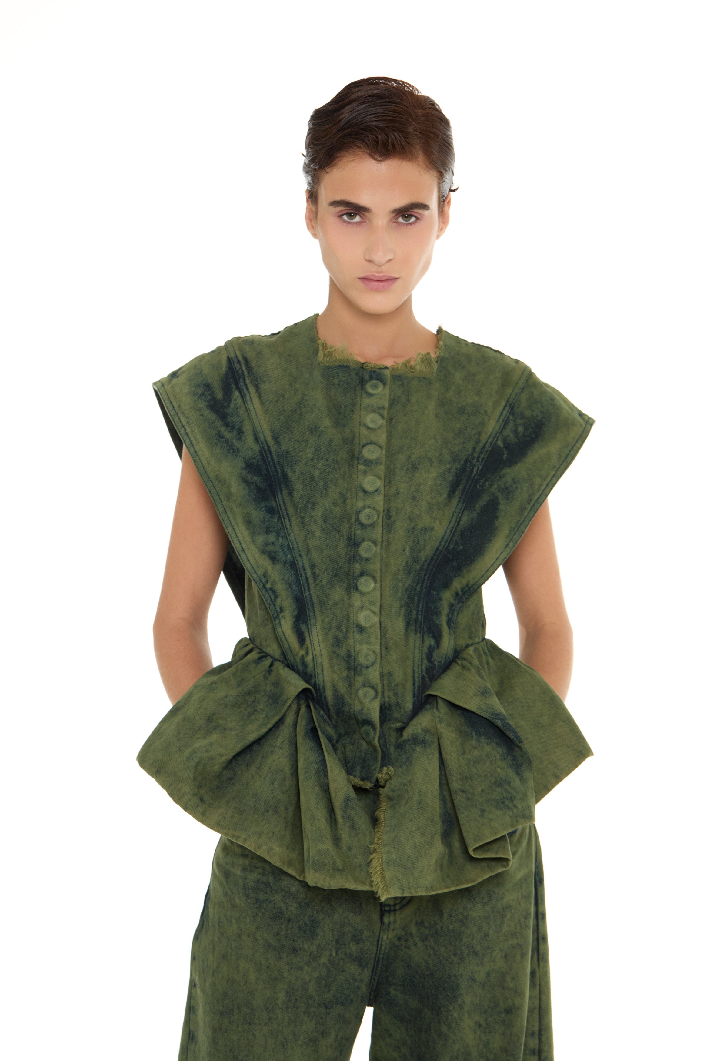 KHAKI OVERDYE DENIM STRUCTURED CINCHED TOP