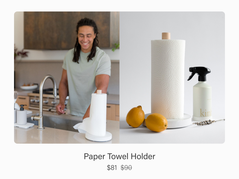 Paper Towel Holder displayed in kitchen and styled product shot with lemons now $81