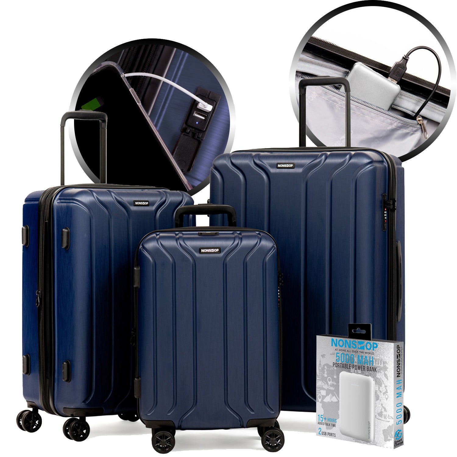 Image of NONSTOP New York 3-Piece Expandable Spinner Luggage Set with Powerbank & 3-Piece Packing Cube Set