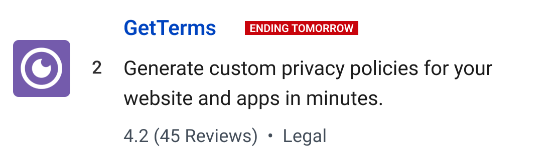 GetTerms (Ending tomorrow): Generate custom privacy policies for your website and apps in minutes