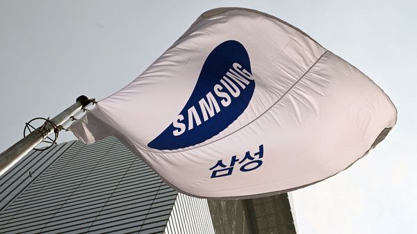 A Samsung flag flutters outside the company's Seocho building in Seoul