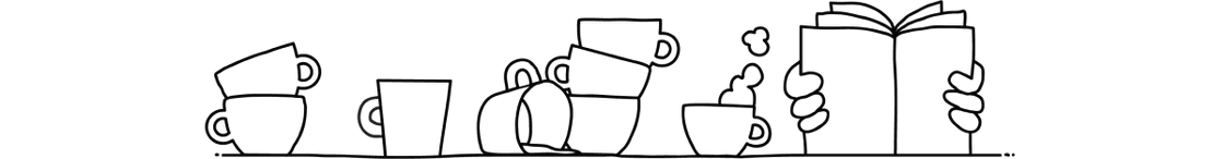 Illustration of stacked coffee mugs and a person reading a book.