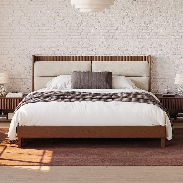 Modern Walnut King Size Solid Wood Bed with Boucle Headboard Pillows
