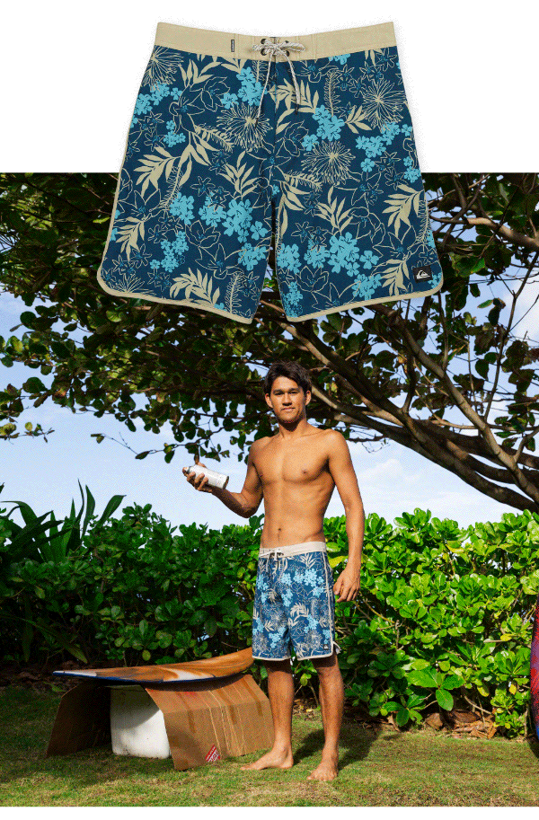 graphic print boardshorts featuring bold colors, surf-inspired artwork, and performance styles