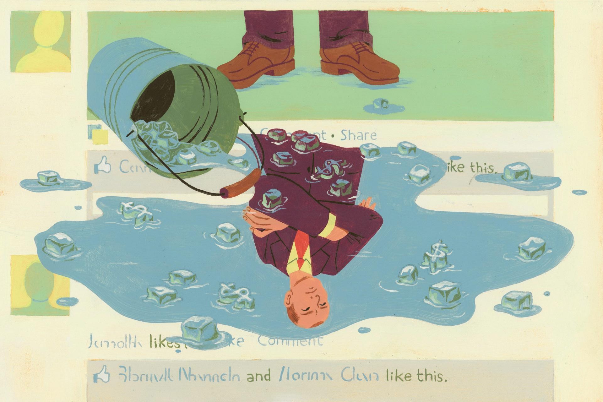 an illustration of a turned-over bucket near a puddle with half-melted ice and dollar signs in it. A man in a suit with folded arms appears in the reflection of the puddle. An abstracted facebook wall is in the background.