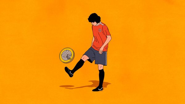 Illustration of a footballer kicking a 1 euro coin