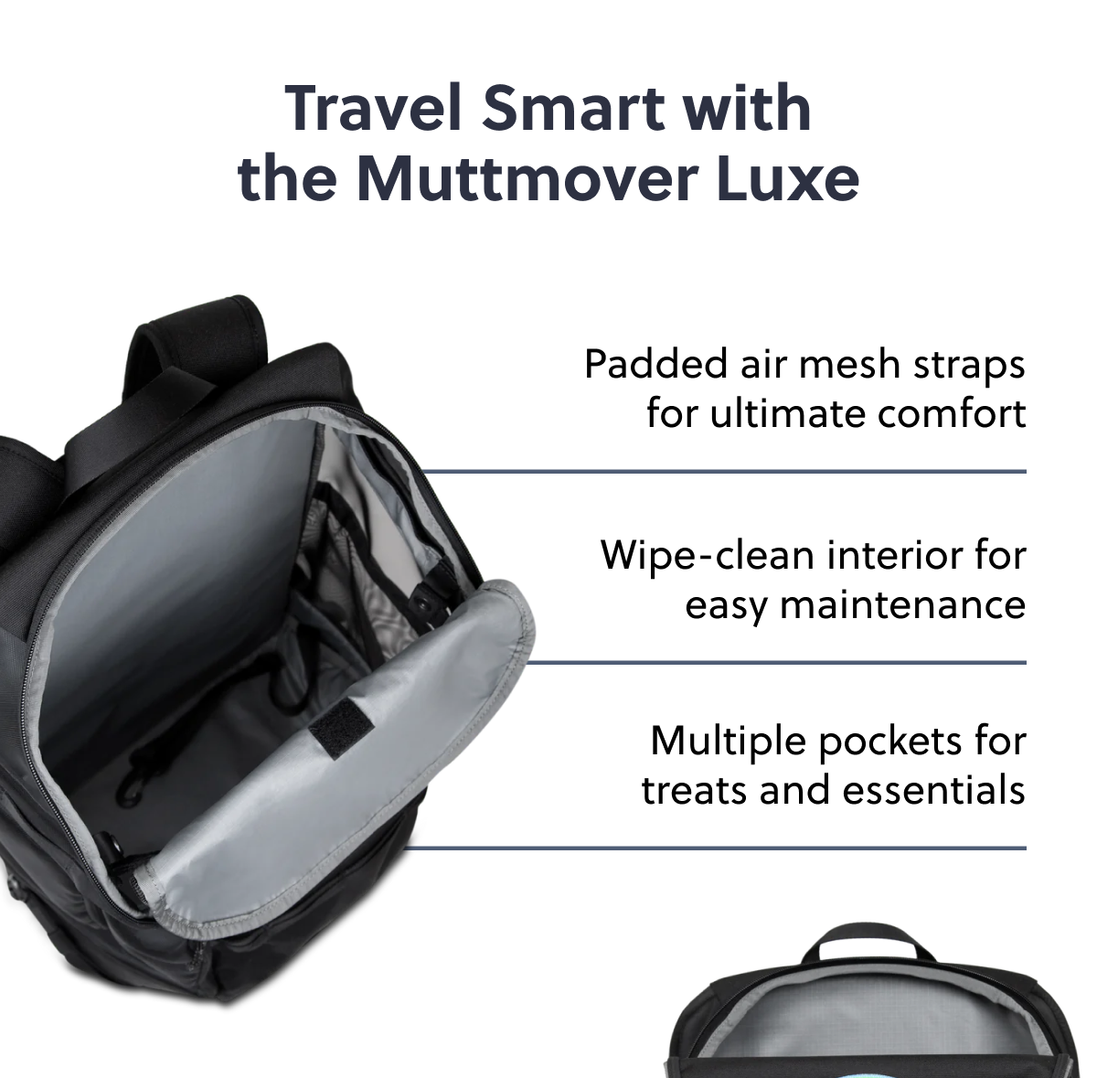 Travel Smart with the Muttmover Luxe Padded air mesh straps for ultimate comfort Wipe-clean interior for easy maintenance Multiple pockets for treats and essentials