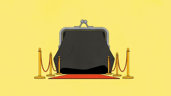 Illustration of a large coin purse at the end of a red carpet