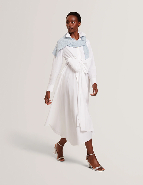 Cotton Wrap Cut Out Midi Shirt Dress
