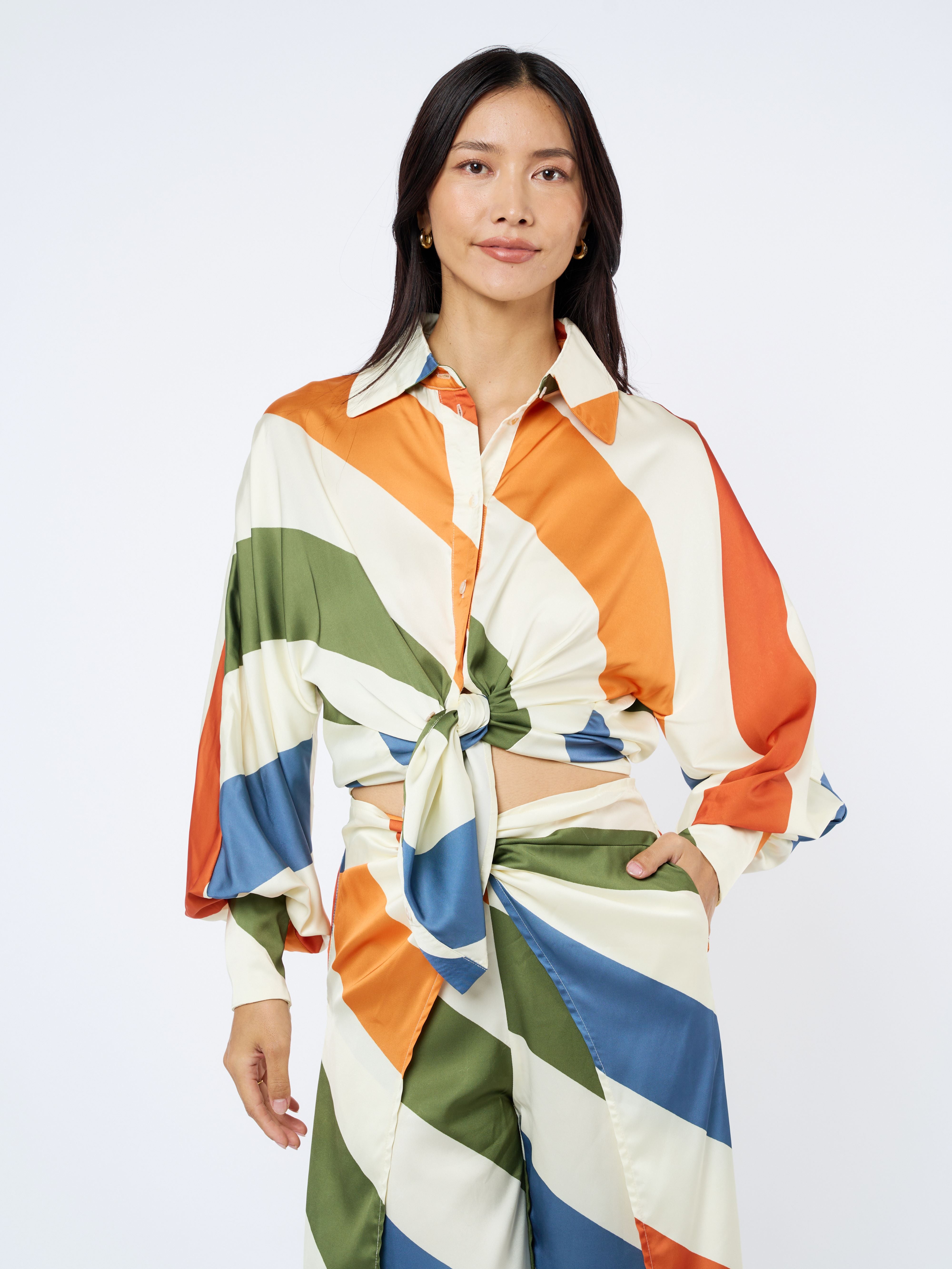 Image of Kenia Striped Satin Long Sleeve Button-Up Top