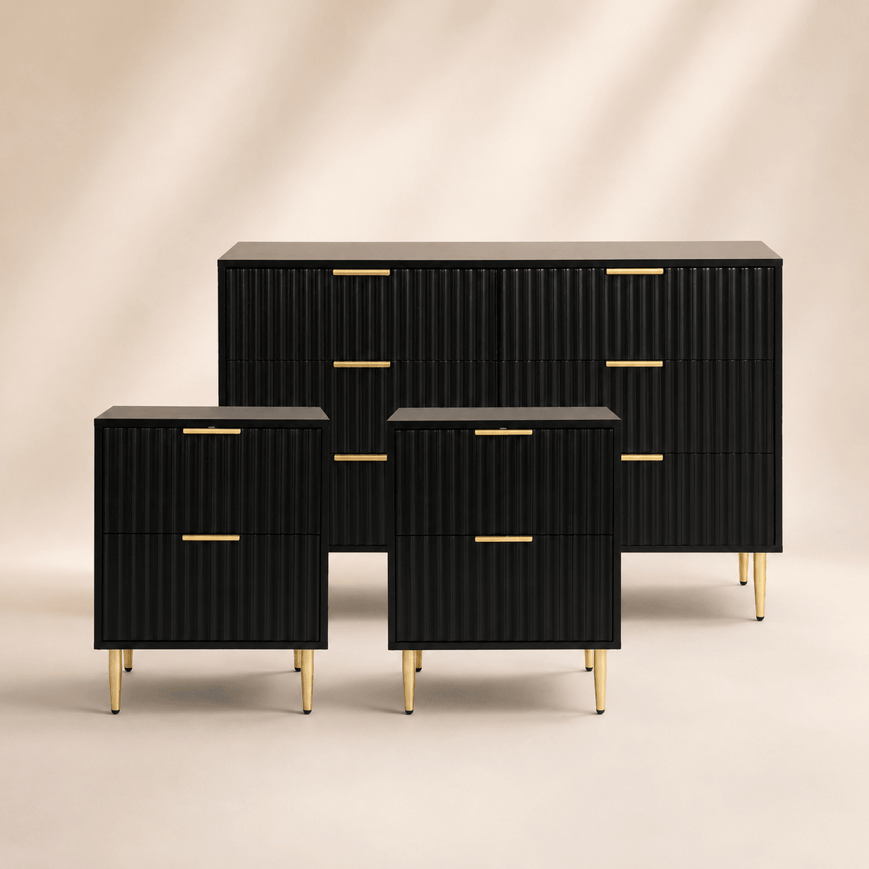 Evie 3 Piece Bundle - 2 Bedside Tables and Large Chest - Black