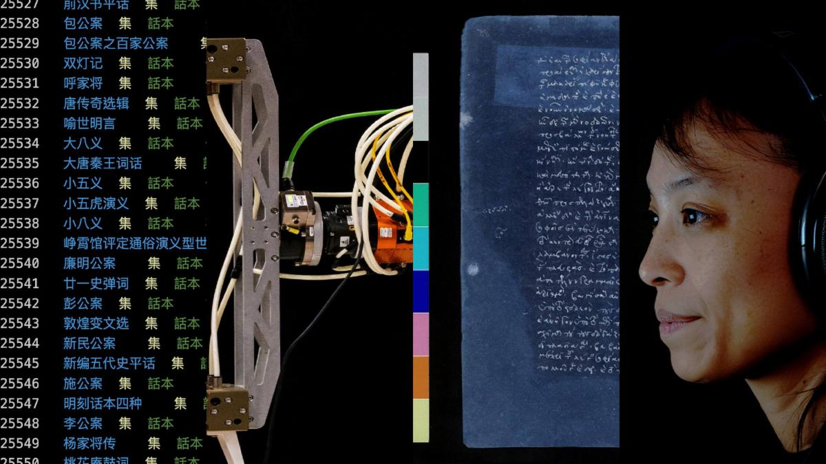 Collage of numbers, wires and person wearing headphones