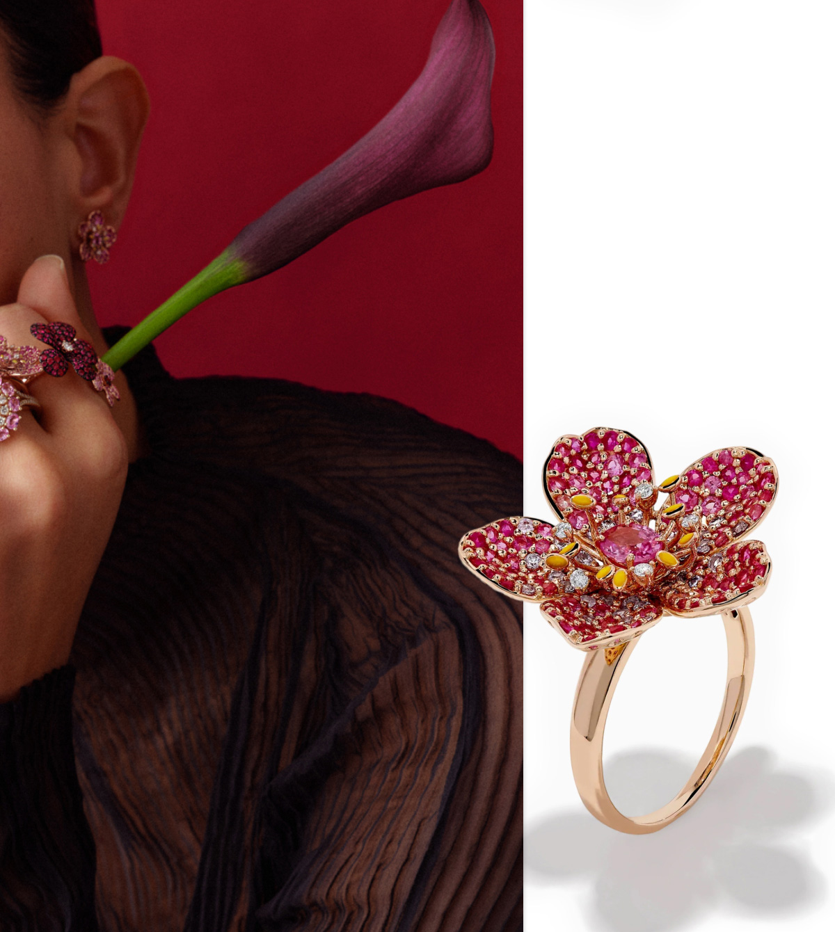 Nature 14K Rose Gold Pink Sapphire and Diamond Flower Ring