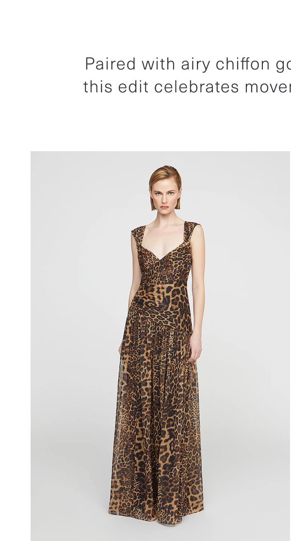 Paired with airy chiffon gowns that echo its fluidity, this edit celebrates movement, contrast, and shine. Shop the Claudia Chiffon Gown